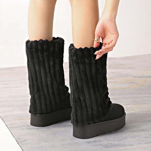 ✨Women's Black Platform Fur Boots Fuzzy Fleece Lined Ankle Anti-Slip Booties - Picture 5 of 6